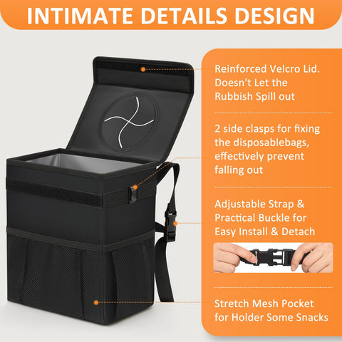 Back Seat Hanging Car Trash Can with lid open showing reinforced Velcro and adjustable strap, mesh pocket for snacks visible