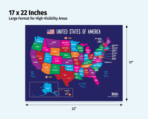 United States Map With Capitals Poster Laminated 17x22 for Kids Educational USA Wall Chart, colorful layout with visible capitals.
