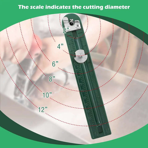 Adjustable Circle Hole Cutter for Sheet Metal 2 to 12 Inch for Ductwork HVAC, with diameter scale shown, green tool.