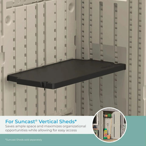 Vertical Shed Shelf Kit For Outdoor Storage, Space Saving Organizer With 30 Pound Capacity, Black Finish, installed in shed
