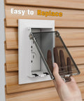 Heavy Duty Recessed Outlet Box Covers 2 Pack Clear UV Resistant Extreme Weatherproof Outdoor Power Socket Enclosure Fits DBVR DBVS DBVM Models Tough As Nails Guard for easy replacement on wood panel.