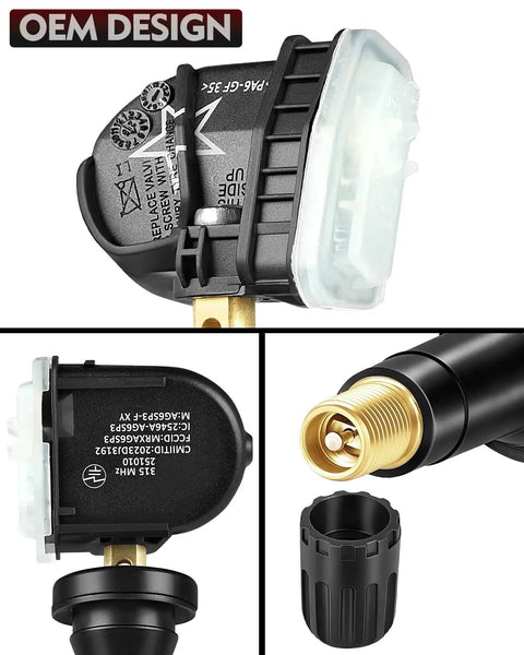 Top Shelf Pre Programmed Tpms Tire Pressure Sensor 315Mhz Replacement Oe 13598771 showing connector and valve details.