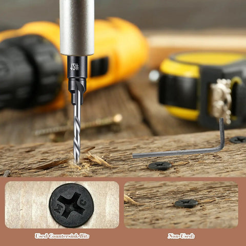Five Piece Countersink Drill Bit Set With One Quarter Inch Hex Shank, Tapered Adjustable Depth Bits For Wood Metal And Plastic shown in use