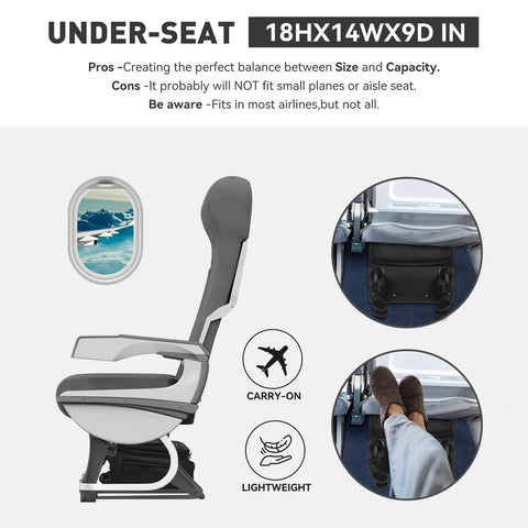 TIAWOLT 16-inch underseat luggage, soft-sided black carry-on with wheels and TSA lock, shown under airplane seat.