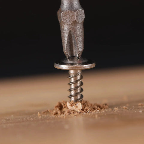 Built Like A Tank 500 Pack Of 8 X 1/2 Sheet Metal Screws Crafted From Solid 410 Stainless Steel Truss Head Self Tapping Fasteners driven into wood.