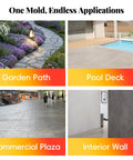 Image of four applications of Big 16 By 16 Inch Concrete Stamp Mat With Realistic Woven Texture for patios, driveways, and walkways.
