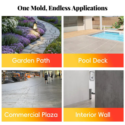 Image of four applications of Big 16 By 16 Inch Concrete Stamp Mat With Realistic Woven Texture for patios, driveways, and walkways.