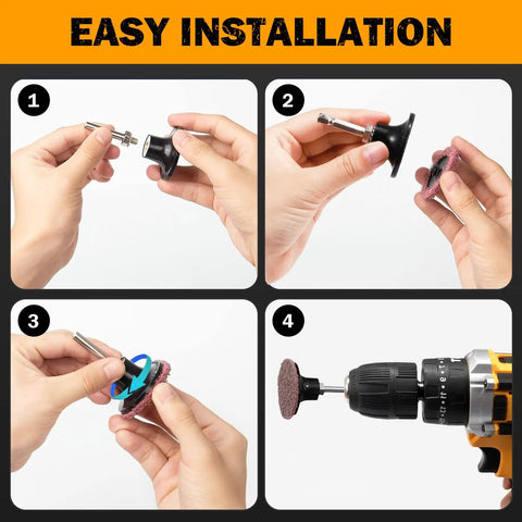 Easy installation steps for 2 Inch Quick Change Sanding Discs Kit With One Quarter Inch Holder For Deburring Grinding Polishing Rust Removal And Surface Prep All In One Pro Grade 116 Piece Set Featuring Aluminum Oxide Zirconia Nonwoven And Flap Discs.