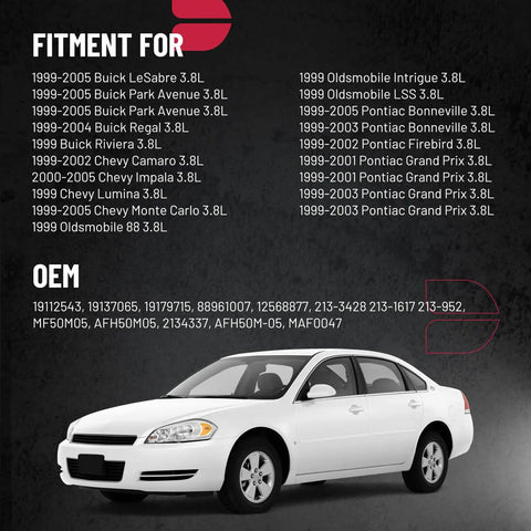 Mass Air Flow Sensor MAF AFH50M 05 For 3.8L GM V6 Vehicles Fitment and OEM part details with a white car image