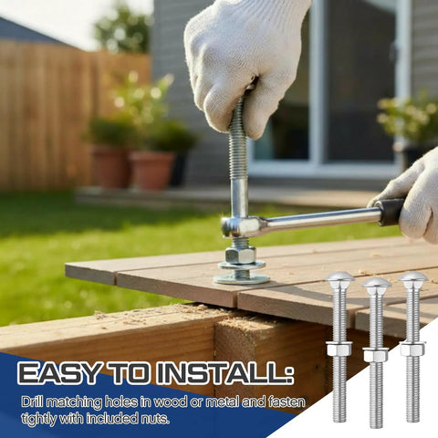 Three Eighths Inch By Three And A Half Inch Carriage Bolt Kit With Beefy Heavy Duty Build Includes 30 Carriage Bolts 30 Flat Washers And 30 Hex Nuts For Exterior Decks Gazebos Pergolas And Other Tough Outdoor Projects installed on wood deck