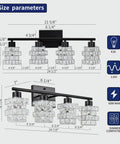 Dimensions of Four Light Vanity Fixture With Matte Black Finish And Crystal Lampshades for bathroom