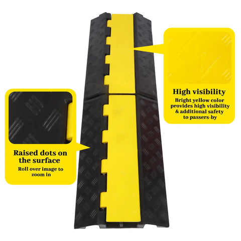 Two Channel Rubber Cable Ramp Protector And Cord Cover For Cables And Hoses Rugged Heavy Duty Traffic Ramp For Driveways And Outdoors Ideal For Asphalt Concrete Gravel Surfaces 1 Pack showing surface texture and high visibility features.