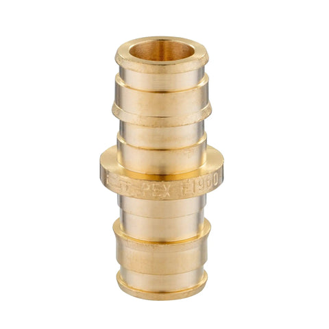 Close-up of a brass coupling from Pack Of 30 Half Inch PEX A Full Flow Expansion Fittings Bundle Including Tee Elbow And Coupling.