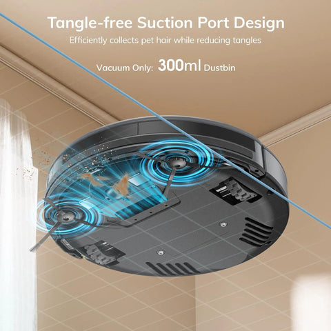 V5s Max Robot Vacuum With Beast Mode 4000Pa Suction Gyroscope Navigation view of bottom design showing tangle-free suction.