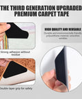 Stay Put Rug Grippers Set 24 Pieces Non Slip Rug Tape For Hardwood Floors And Tiles shows black reusable carpet tape in use.