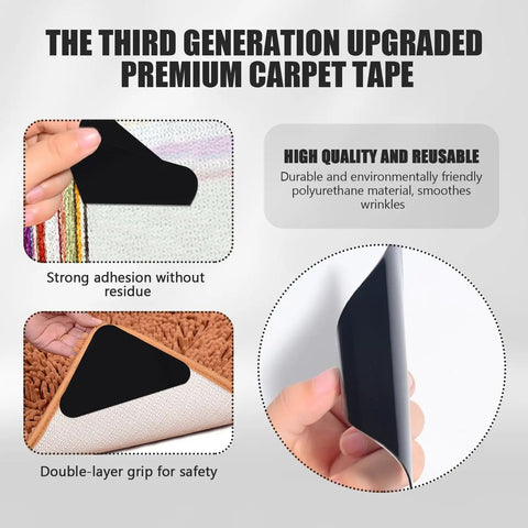 Stay Put Rug Grippers Set 24 Pieces Non Slip Rug Tape For Hardwood Floors And Tiles shows black reusable carpet tape in use.