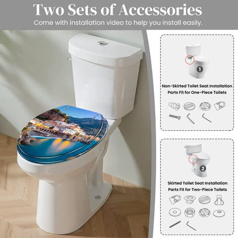Chill Coast Vibe Slick Round Resin Toilet Seat With Thatched Umbrella And Seaside Shell Print Quiet Slow Close Lid on toilet
