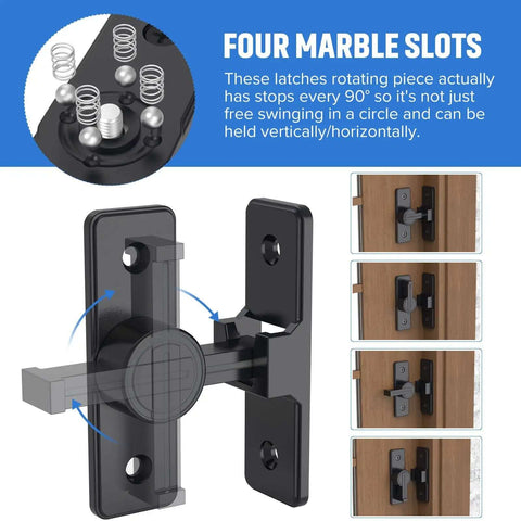 90 Degree Flip Barn Door Lock Heavy Duty Sliding Gate Latch with four marble slots for garden, bathroom, and garage doors