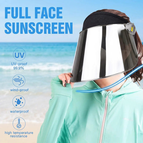 Sun visor hat with UPF 50+ UV protection for hiking golf tennis and outdoors, adjustable one size fits most, PC lens shield on beach.