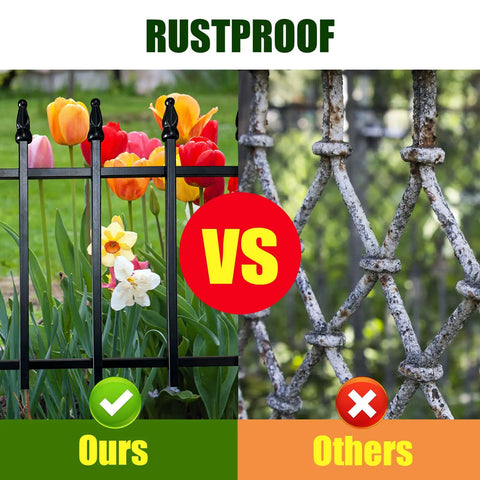 Comparison of rustproof metal garden fence panels vs. rusted fence. Left: "Ours" with flowers, right: "Others" with rust.