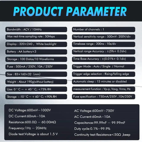 Specifications chart for 2 In 1 Portable Oscilloscope And Multimeter With 50Msps A D Sampling, Handheld Digital Scope Meter.