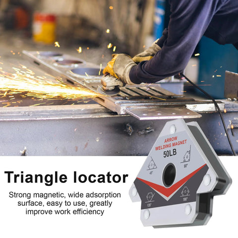 Front view of a 50 lb triangle welding magnet locator on a metal workbench with sparks from grinding.