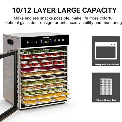 Premium Heavy Duty Freeze Dryer Machine With Twelve Stainless Steel Trays showcasing dried fruits and vegetables on stainless racks.