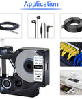 Heavy Duty Heat Shrink Label Tape For Cable Marking And Wire Identification 3/8 Inch Wide Five Foot Roll shown in application images.