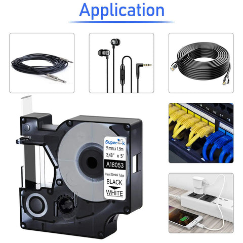 Heavy Duty Heat Shrink Label Tape For Cable Marking And Wire Identification 3/8 Inch Wide Five Foot Roll shown in application images.