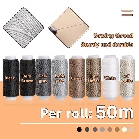 Pro Grade Heavy Duty Leather Upholstery Repair Kit with 8 upholstery threads in various colors, 50m per roll.
