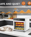 Solid Food Dehydrator With Eight Stainless Steel Trays For Fast Jerky And Fruit Drying features herbs and fruit drying at 45 dB.