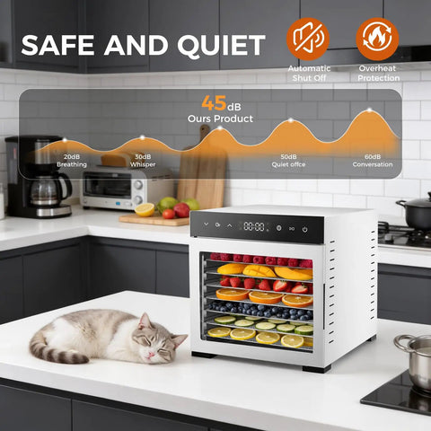 Solid Food Dehydrator With Eight Stainless Steel Trays For Fast Jerky And Fruit Drying features herbs and fruit drying at 45 dB.