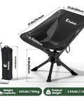 Ultra Portable Folding Camping Chair With No Assembly 360 Degree Swivel Lightweight One Piece Design For Adults shown with dimensions