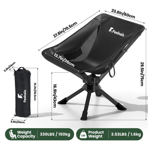 Ultra Portable Folding Camping Chair With No Assembly 360 Degree Swivel Lightweight One Piece Design For Adults shown with dimensions