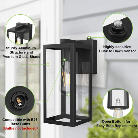 Dusk To Dawn Photocell Sensor Black Outdoor Wall Lantern With Clear Glass Shade showing aluminum structure and sensor details