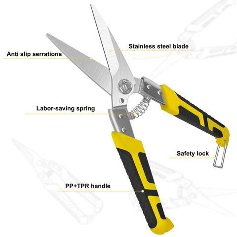 8.7 Inch Tin Snips Heavy Duty Metal Cutter With Stainless Steel Blades showing anti-slip serrations and ergonomic handle.