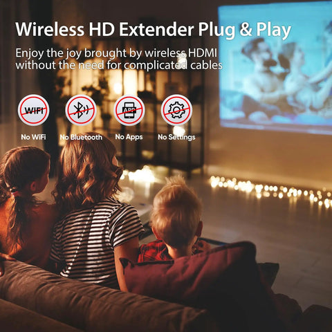 Family watching movie using No Fuss Plug And Play Wireless HDMI Transmitter And Receiver Kit with 328Ft range, projector in background.