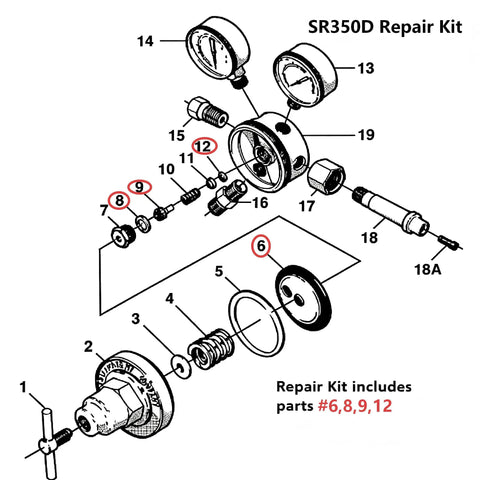 SR350D Oxygen Regulator Repair Kit With Diaphragm No Fuss Rebuild Parts For Oxygen Regulator Compatible With SR350D And Other Welding Gas Gear No Air Leaks Stable Pressure Tight Fit Budget Friendly diagram showing parts 6,8,9,12