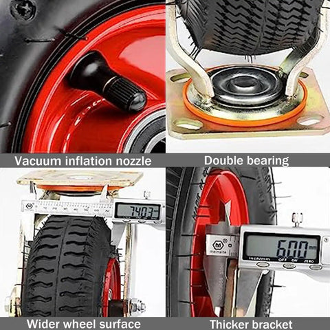 Close-up of Two Pack Badass Heavy Duty Rubber Swivel Castors showing vacuum inflation nozzle and double bearing.