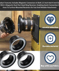 Installed view: four magnetic dust-collection fittings with 4-inch and 2.5-inch hose adapters for dust collectors