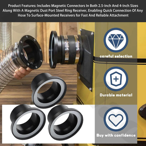 Installed view: four magnetic dust-collection fittings with 4-inch and 2.5-inch hose adapters for dust collectors