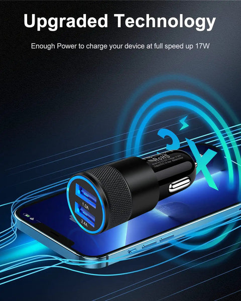 Dual USB Car Charger With Fast Charge 3.4A shown with upgraded tech on smartphone, smart device identification visible