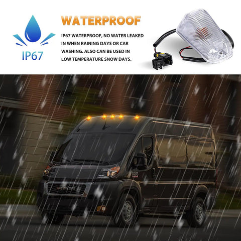 Cab Roof Top Marker Lights For 2014 To 2023 Dodge Ram ProMaster 1500 2500 3500 with clear lens, shown installed on van in rain