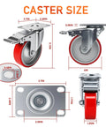 Beefy Four Inch Caster Wheel Set With Two Locking Brakes And Two Rigid Rollers Tough Steel Frame Grunts Under Heavy Loads Up To Two Thousand Pounds For Garage Or Workshop Gear with size measurements.