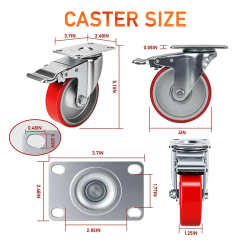 Beefy Four Inch Caster Wheel Set With Two Locking Brakes And Two Rigid Rollers Tough Steel Frame Grunts Under Heavy Loads Up To Two Thousand Pounds For Garage Or Workshop Gear with size measurements.