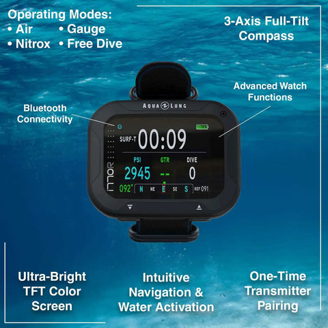 I770R Dive Computer With USB And Bluetooth, Watch Style Design, digital display showing dive data, ultra bright color TFT screen.