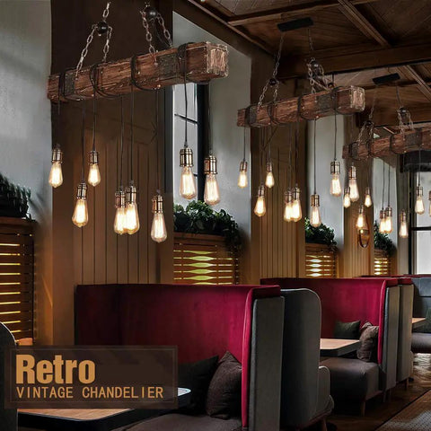 Rustic Industrial 8-Light Pendant Chandelier For Dining Room And Kitchen Island in cafe setting with wooden beams and vintage bulbs.