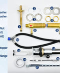 Upgraded Series Rough-In Valve with Drain Assembly, 1/2-Inch IPS, parts layout, compatible with Moen Widespread Faucet, brass