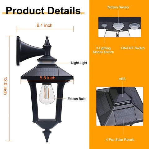 Outdoor Solar Wall Lights Dusk To Dawn With Motion Sensor, Four Solar Panels, 3 Modes, Waterproof Wall Sconce Lantern 2 Pack