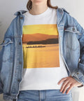 Outrigger Canoe Sunset Molokai Hawaii Tee Unisex Heavy Cotton Shirt White Size Large With Relaxed Fit worn under denim jacket